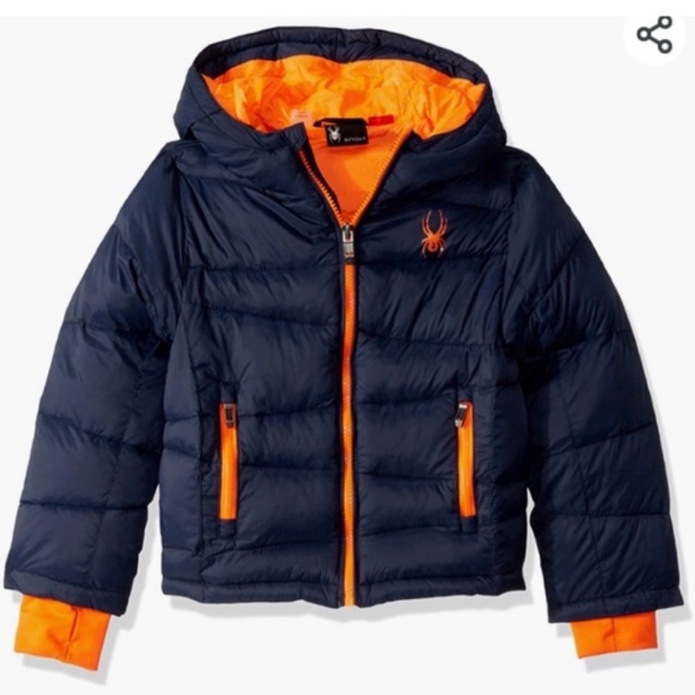 Spyder Boys Navy Blue And Bright Orange Puffer Jacket